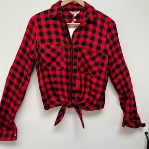 NWT Sim & Sam Buffalo Plaid, Front-Tie Button-Down Long Sleeve Top, Size…